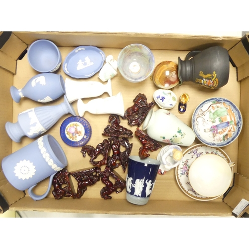 366 - A mixed selection of ceramics to include:- Wedgwood powder blue jasperware tankard, vases. Oriental ... 