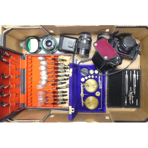 333 - A mixed collection to include:- Geometry Set, Weighing scales with weights, boxed cutlery set with b... 