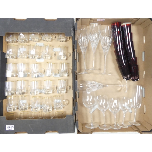 477 - De Lamerie, clear Crystal glass to include teacups, wine glasses, ruby red tumblers/shot glasses and... 