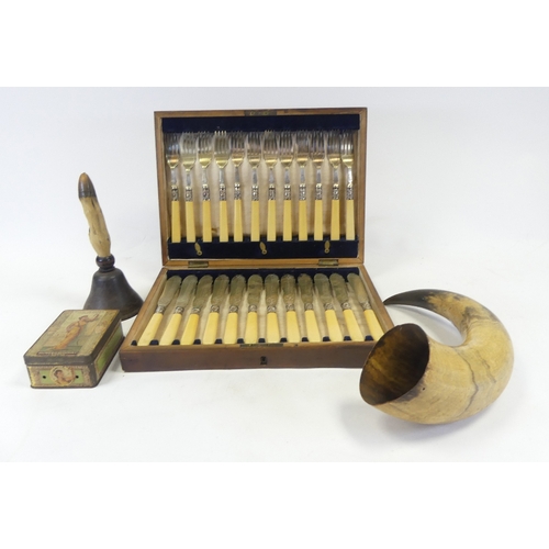 388 - Vintage silver-plated fish knives and forks, powder horn, bell with taxidermy deer hoof handle and S... 