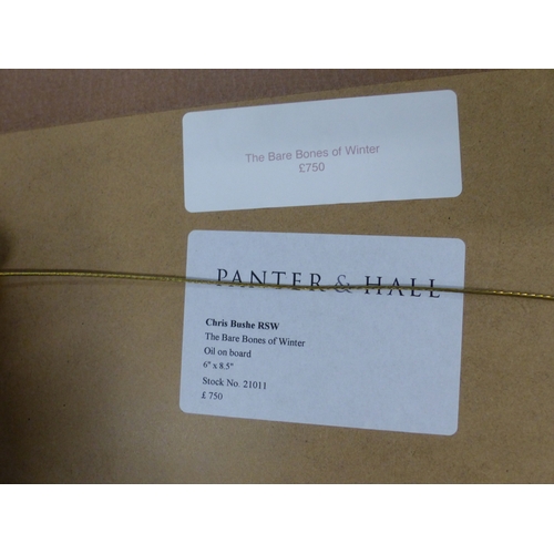 265 - Framed oil on board by Chris Bushe RSW, The Bare Bones of Winter, overall size 45cm x 41cm.