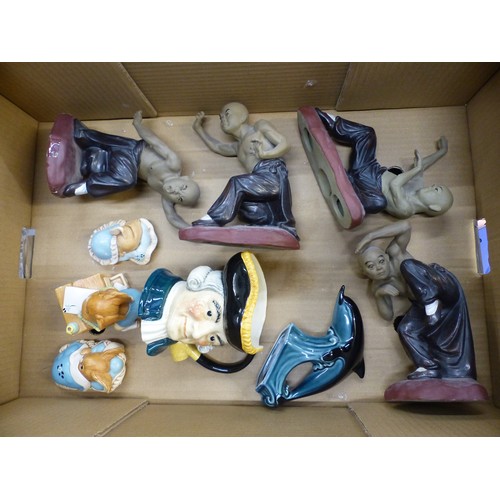 374 - A collection of 4 ceramic Shaolin monks, together with a Midwinter character jug, a Poole dolphin an... 