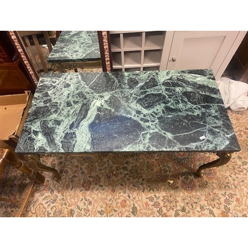 659 - Green marble and brass coffee table, table top measures 98cm x 50 cm.