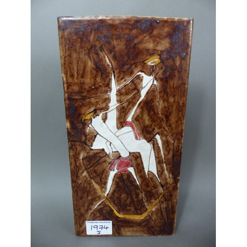 160 - Studio pottery glazed wall plaque depicting stylised warriors, initialled CB to the reverse, 30cm x ... 