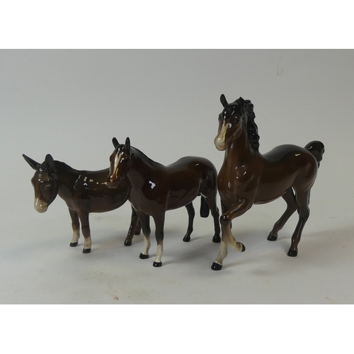 109 - Beswick Prancing Arab, 1269, bay thoroughbred and Donkey, 1364. (3)