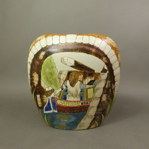 67 - Limited edition Burslem Pottery Stoneware purse vase with canal scene decoration, 8/50,  height 19cm... 