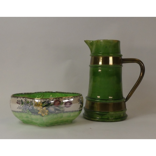 97 - Maling Peony Rose Green Lustre bowl, together with large green glazed ceramic jug with brass banding... 