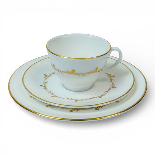 372 - Royal Doulton 'Rondo', gilt design on crisp white China, part tea/dinner set to include:- tea pot, e... 