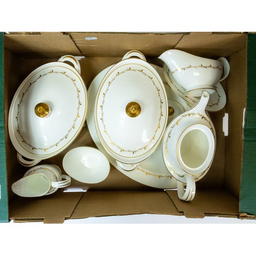 372 - Royal Doulton 'Rondo', gilt design on crisp white China, part tea/dinner set to include:- tea pot, e... 