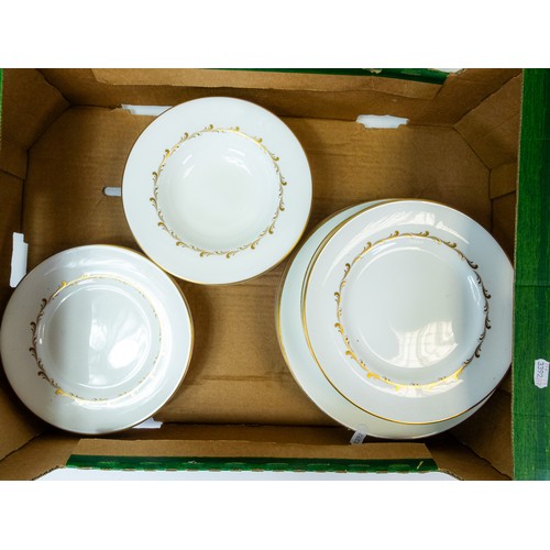 372 - Royal Doulton 'Rondo', gilt design on crisp white China, part tea/dinner set to include:- tea pot, e... 