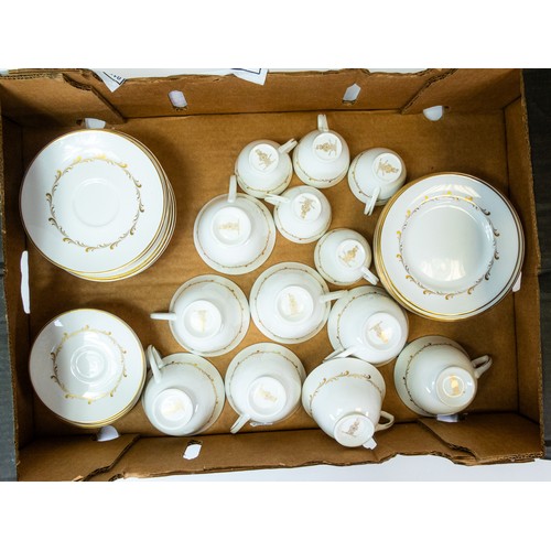 372 - Royal Doulton 'Rondo', gilt design on crisp white China, part tea/dinner set to include:- tea pot, e... 