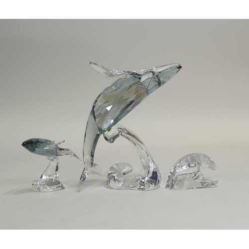148 - Swarovski Paikea Humpbacked Whale with Wave Plaque (1095228) together with Young humpbacked Whale (1... 