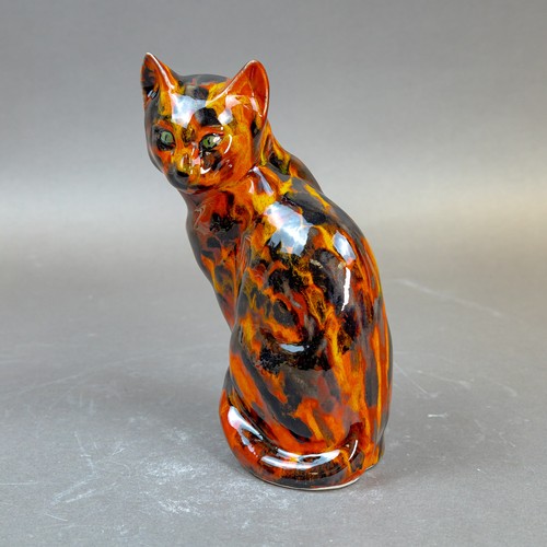 16 - Anita Harris, Seated Cat figurine with glazed fusion Tiger effects H22cm. Gold signed.