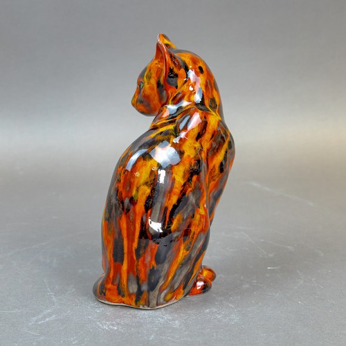 16 - Anita Harris, Seated Cat figurine with glazed fusion Tiger effects H22cm. Gold signed.