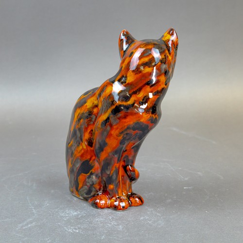 16 - Anita Harris, Seated Cat figurine with glazed fusion Tiger effects H22cm. Gold signed.