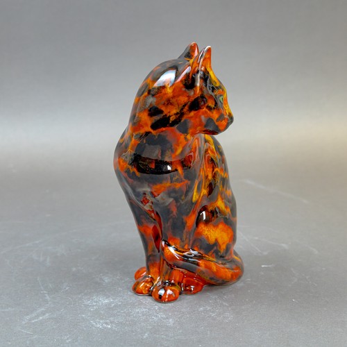 16 - Anita Harris, Seated Cat figurine with glazed fusion Tiger effects H22cm. Gold signed.