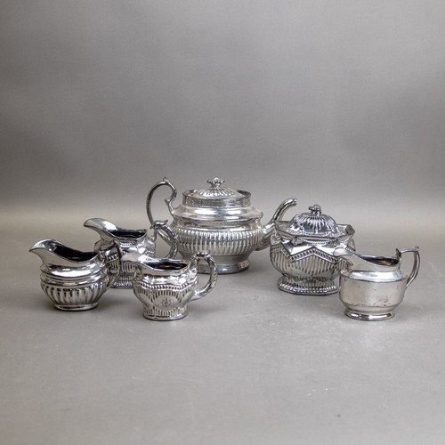 31 - Late 19th/early 20th century ceramic chrome Lustre glaze tea pot, covered hexagonal, fluted sugar bo... 