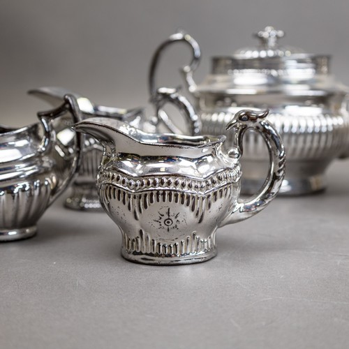 31 - Late 19th/early 20th century ceramic chrome Lustre glaze tea pot, covered hexagonal, fluted sugar bo... 