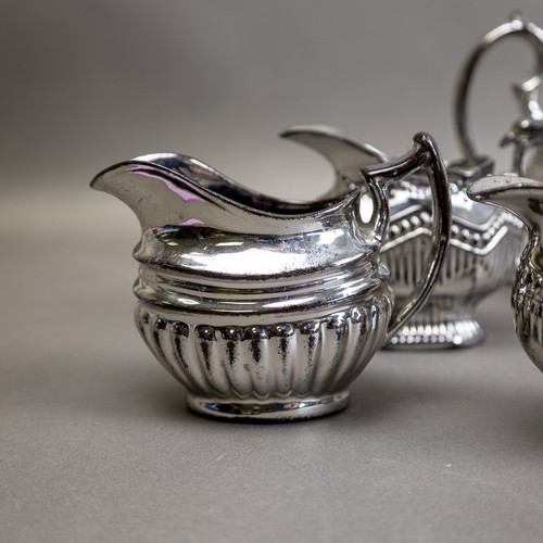 31 - Late 19th/early 20th century ceramic chrome Lustre glaze tea pot, covered hexagonal, fluted sugar bo... 