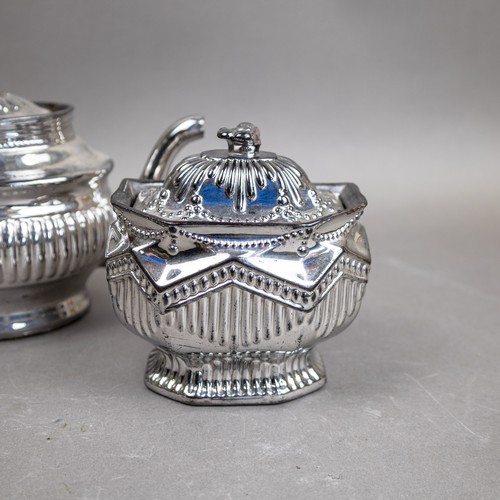 31 - Late 19th/early 20th century ceramic chrome Lustre glaze tea pot, covered hexagonal, fluted sugar bo... 