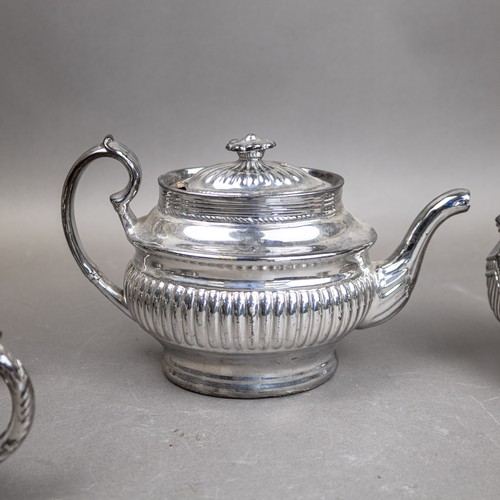 31 - Late 19th/early 20th century ceramic chrome Lustre glaze tea pot, covered hexagonal, fluted sugar bo... 