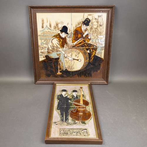 39 - Mid 20th century framed Majolica tile panels, both depicting street musicians performing. (Largest: ... 
