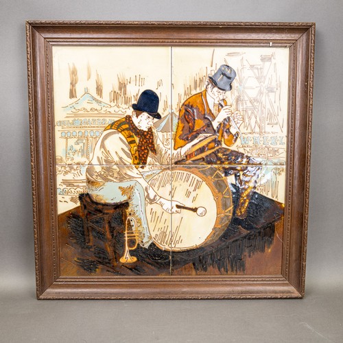 39 - Mid 20th century framed Majolica tile panels, both depicting street musicians performing. (Largest: ... 