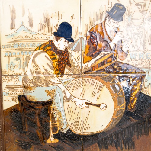 39 - Mid 20th century framed Majolica tile panels, both depicting street musicians performing. (Largest: ... 