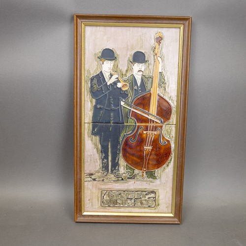39 - Mid 20th century framed Majolica tile panels, both depicting street musicians performing. (Largest: ... 