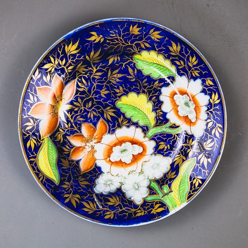Three English porcelain 19th century plates/shallow dishes, cobalt blue ...