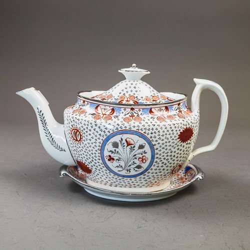 A group of 3 English porcelain 19th century teapots with stands, all ...