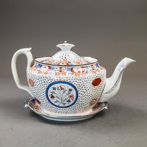 A group of 3 English porcelain 19th century teapots with stands, all ...