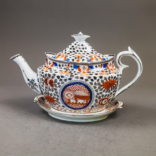 A group of 3 English porcelain 19th century teapots with stands, all ...