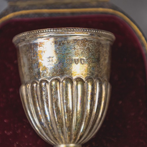 Hallmarked silver christening set, spoon, napkin ring & egg cup, cased ...
