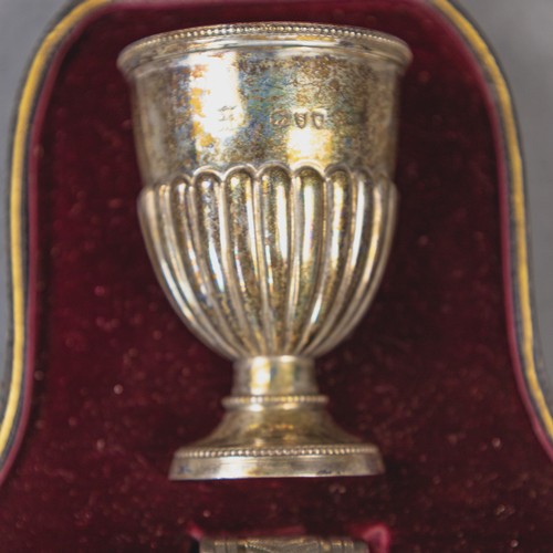 Hallmarked silver christening set, spoon, napkin ring & egg cup, cased ...