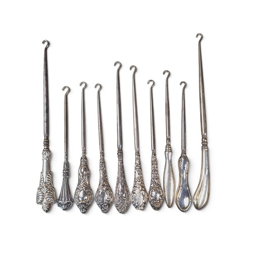 10 x hallmarked silver handled (loaded) button hooks, part of a large ...