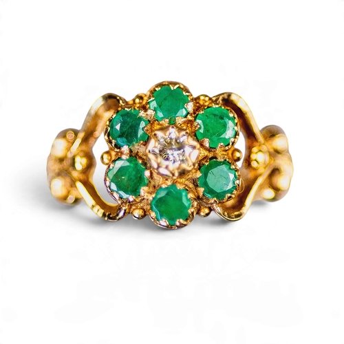 9ct gold emerald & diamond daisy set ring, size L/M, 3.2g.