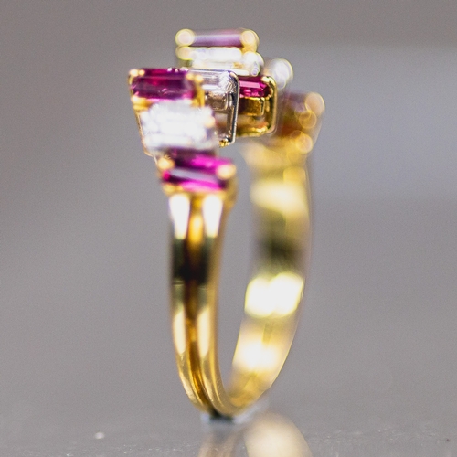 18ct gold diamond and ruby ring, featuring alternating baguette cut ...