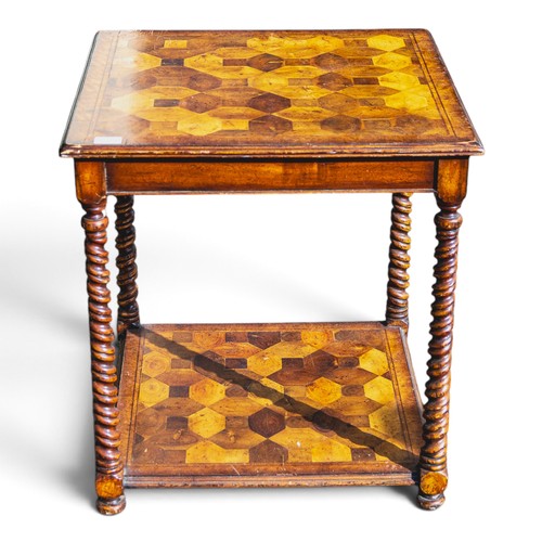 A vintage two-tier square table, featuring geometric patterns & turned ...