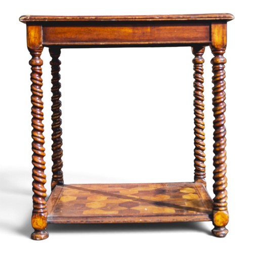 A vintage two-tier square table, featuring geometric patterns & turned ...
