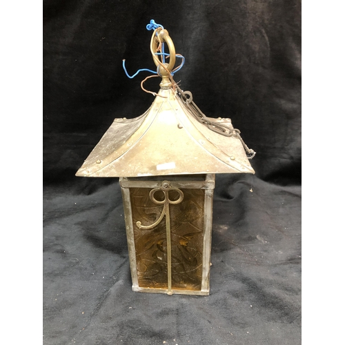 16 - Brass hanging light with amber glass 49cm high