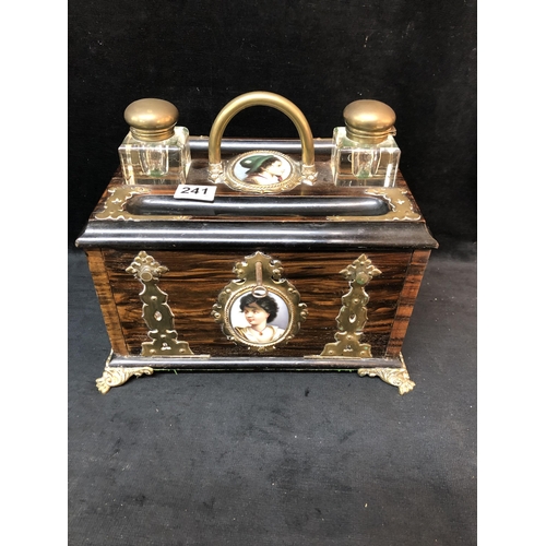 240 - Edwardian rosewood writing box with original inkwells and two medallions