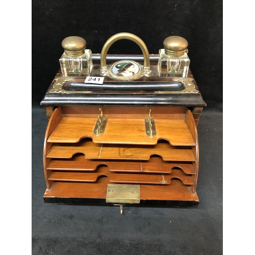 240 - Edwardian rosewood writing box with original inkwells and two medallions