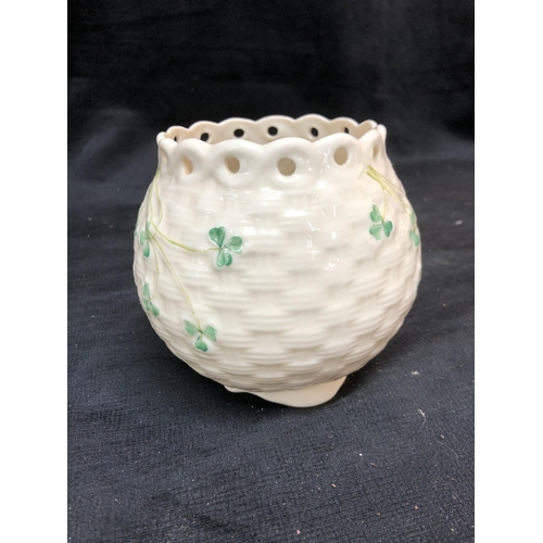 53 - Belleek shamrock pattern pot 12cm high