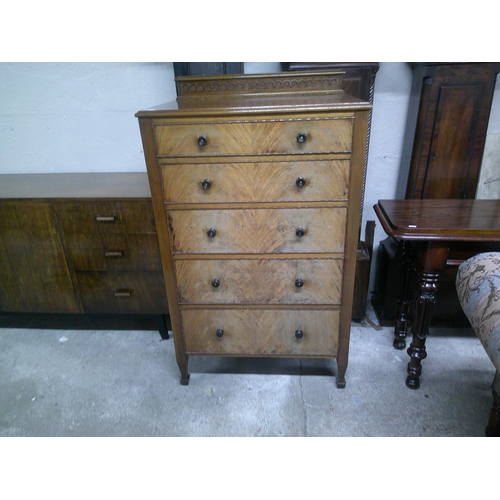 187 - Mid century mahogany chest of five drawers with gallery back 127cm high X 80cm wide