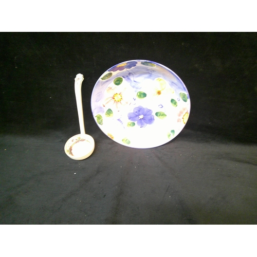 45 - Painted bowl 32cm & pottery ladle