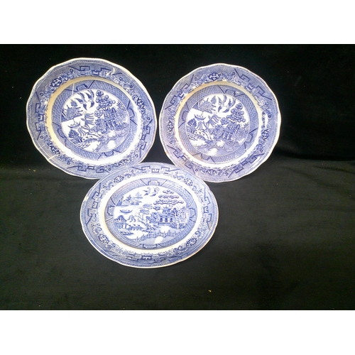 64 - Three Willow pattern plates, one damaged