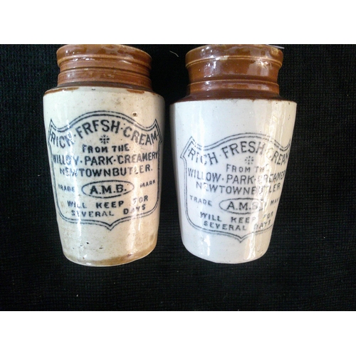 110 - Two small Newtownbutler cream pots, chip to one rim, each 11cm high