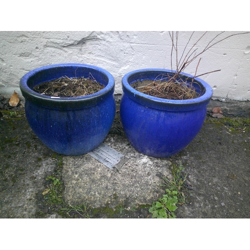 34 - Pair of blue pottery flowerpots 30cm high X 36cm diameter