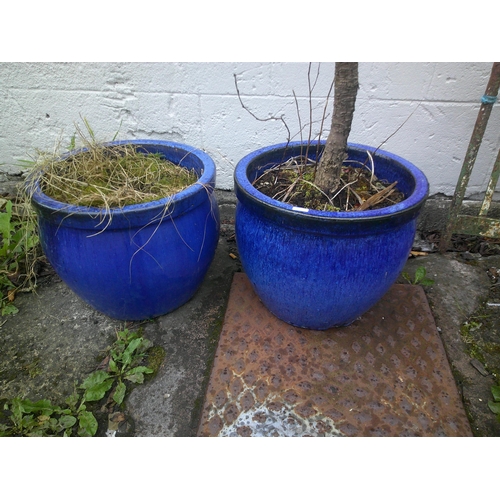 36 - Pair of blue pottery flowerpots 30cm high X 36cm diameter